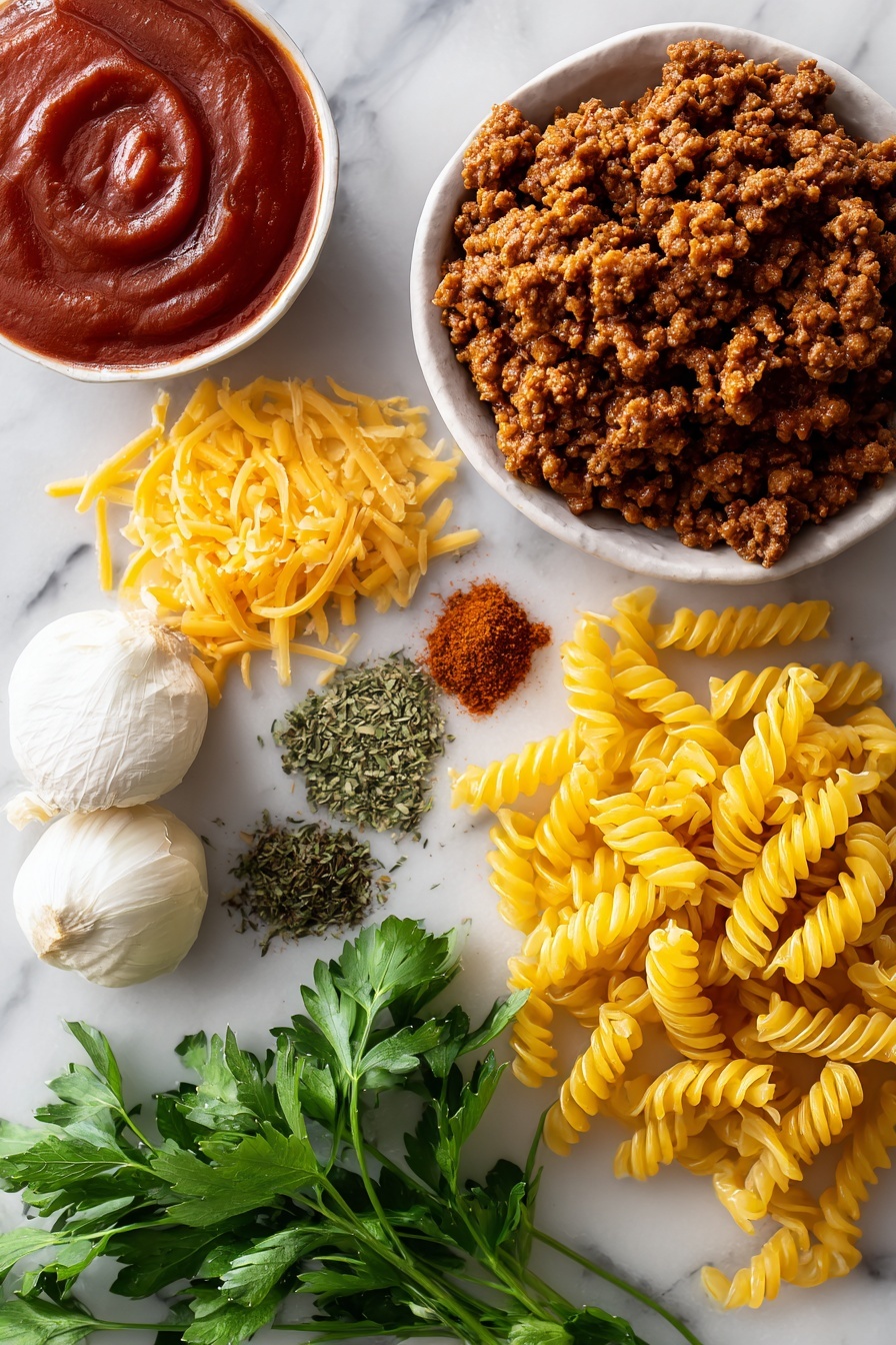 vegan cheeseburger pasta - Flat lay of vibrant diced yellow onion with its soft layers, two whole garlic cloves showing their papery white skin and smooth texture, a mound of rich, crumbly vegan ground beef alternative in deep brown tones, bright reddish-orange chili powder sprinkled alongside dried green oregano leaves and smoky paprika powder, a glossy swirl of thick red tomato sauce, uncooked corkscrew-shaped rotini pasta in pale golden hues, a small pile of shredded vegan cheddar cheese in warm orange shades, fresh bright green parsley leaves with delicate texture, all arranged naturally with slight overlaps and gentle shadows placed on white marbled surface, photo taken with an iphone --ar 2:3 --v 7