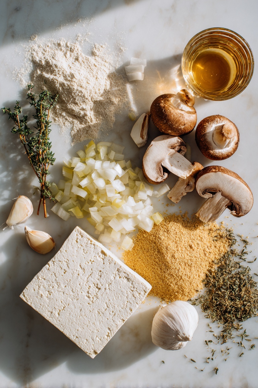 Creamy Sherry Tofu - Flat lay of a block of super firm tofu with smooth white texture, fresh cremini mushrooms sliced to show their rich brown caps and creamy gills, a small heap of diced yellow onion with translucent edges, peeled garlic cloves and minced garlic scattered nearby, a small pile of golden all-purpose flour powder, sprigs of dried Italian seasoning herbs with green and brown tones, and a glass of clear amber dry sherry with light reflections, all arranged naturally with soft shadows, placed on white marbled surface, photo taken with an iphone --ar 2:3 --v 7