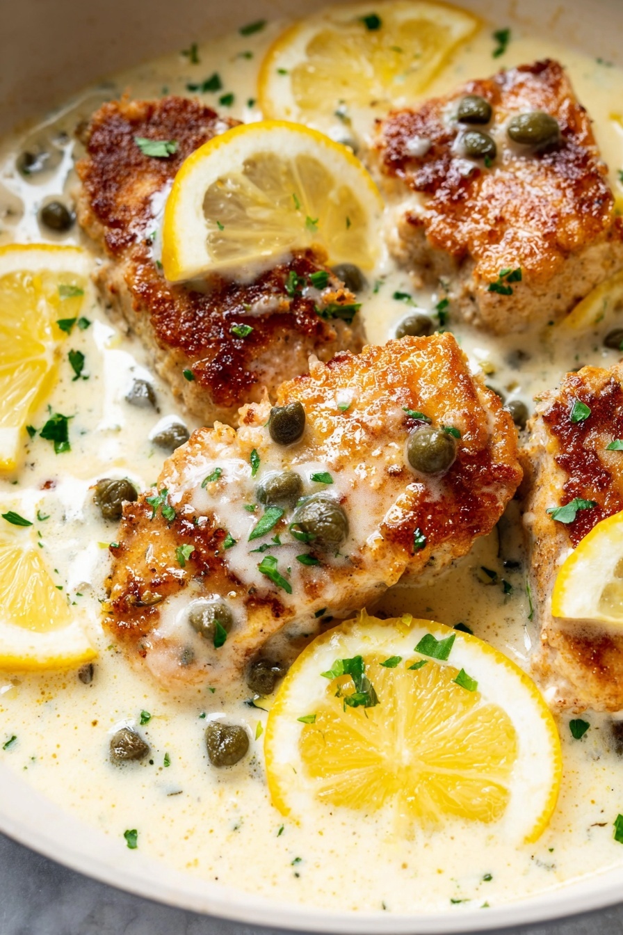 Creamy Lemon Chicken - The image shows a close-up of golden brown cooked pieces of meat with a crispy texture on the top, partially covered in a creamy white sauce with visible green herbs and small dark green capers scattered around. Lemon slices with bright yellow skin and pale yellow flesh are placed around the dish, adding a fresh touch. The sauce has a smooth texture and is thick enough to coat the meat and pool slightly around it. There are small bits of green herbs sprinkled on the surface, enhancing the visual contrast. The scene is set on a white marbled textured surface. Photo taken with an iphone --ar 2:3 --v 7
