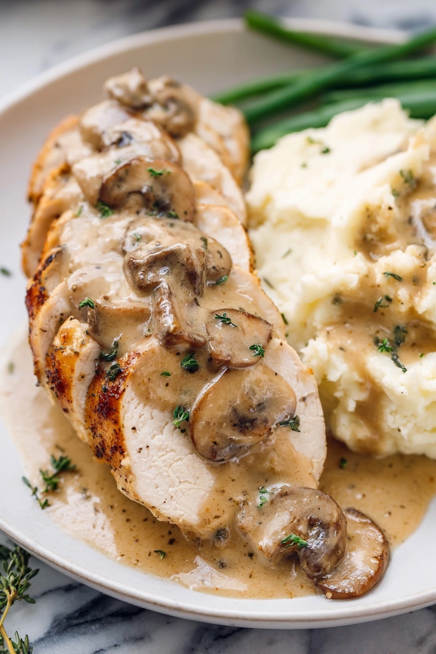 creamy mushroom chicken - A white plate holds a layered meal starting with slices of browned chicken with a firm white interior at the base. On top of the chicken, there is a creamy light brown sauce with large mushroom slices and small green herb pieces sprinkled over. To the right side of the plate, a serving of creamy mashed potatoes with bits of herbs in them sits partially covered with the sauce. The background shows a white marbled surface and some green vegetables are visible behind the chicken. photo taken with an iphone --ar 2:3 --v 7