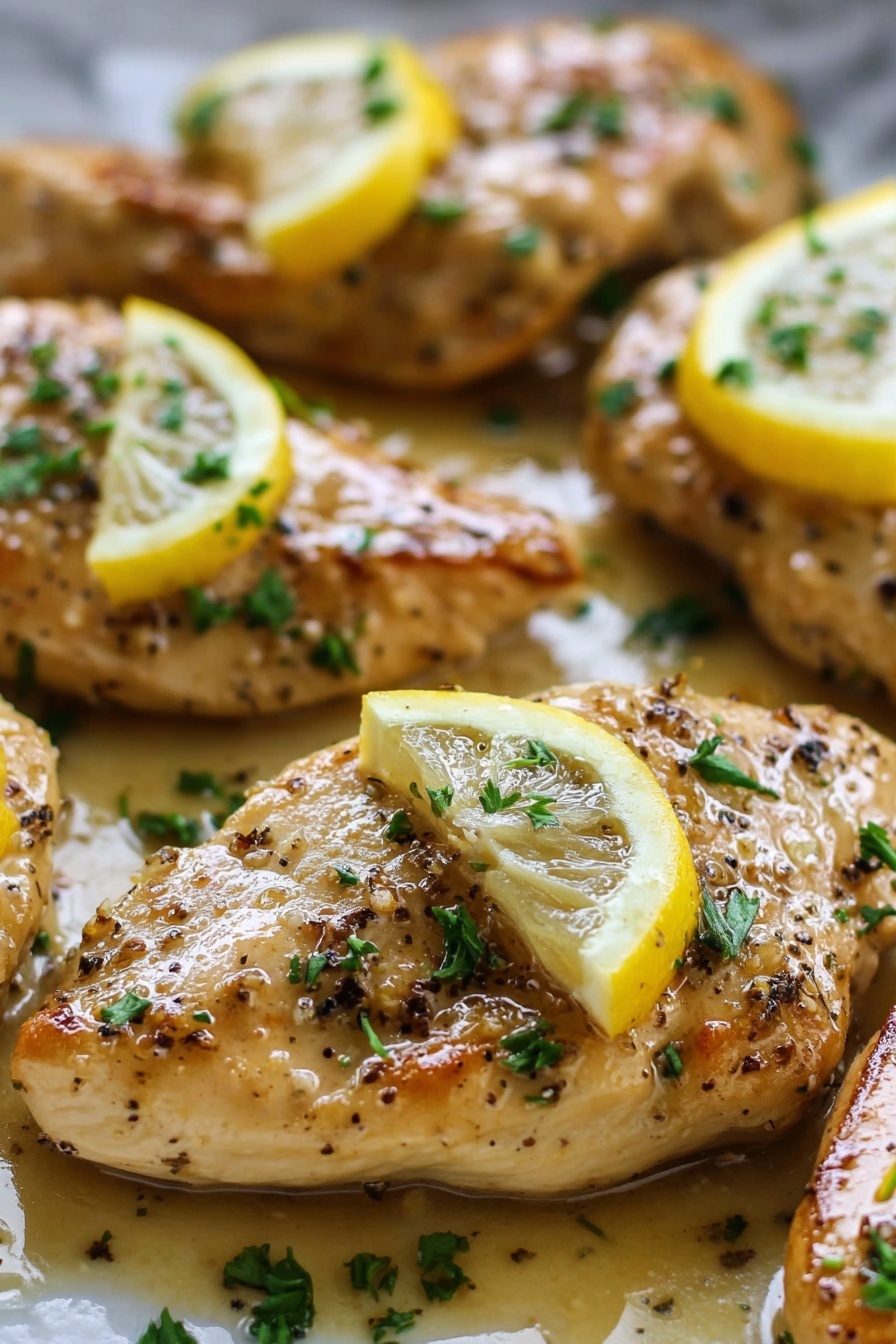 Lemon Garlic Chicken - The image shows three pieces of cooked chicken placed on a white bowl, each piece topped with a small slice of lemon. The chicken is covered with a light brown sauce that looks shiny and smooth, with bits of black pepper and small green herbs scattered on top. The sauce pools around the chicken pieces, adding a glossy finish. The background is a white marbled surface. photo taken with an iphone --ar 2:3 --v 7