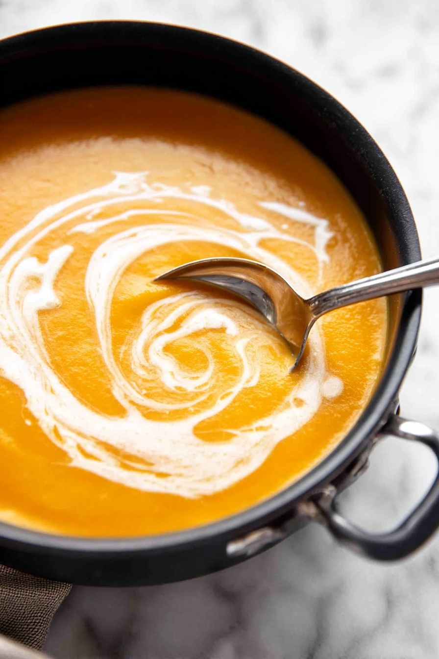Creamy Pumpkin Soup - A white bowl with a blue rim is filled with smooth orange soup. On the surface of the soup, there is a swirl of white cream and a sprinkling of green herbs and black pepper, adding texture and color contrast. A woman's hand is holding a piece of white bread dipped in the soup, showing a thick layer of soup coating the bread. The scene is set against a white marbled surface. photo taken with an iphone --ar 2:3 --v 7