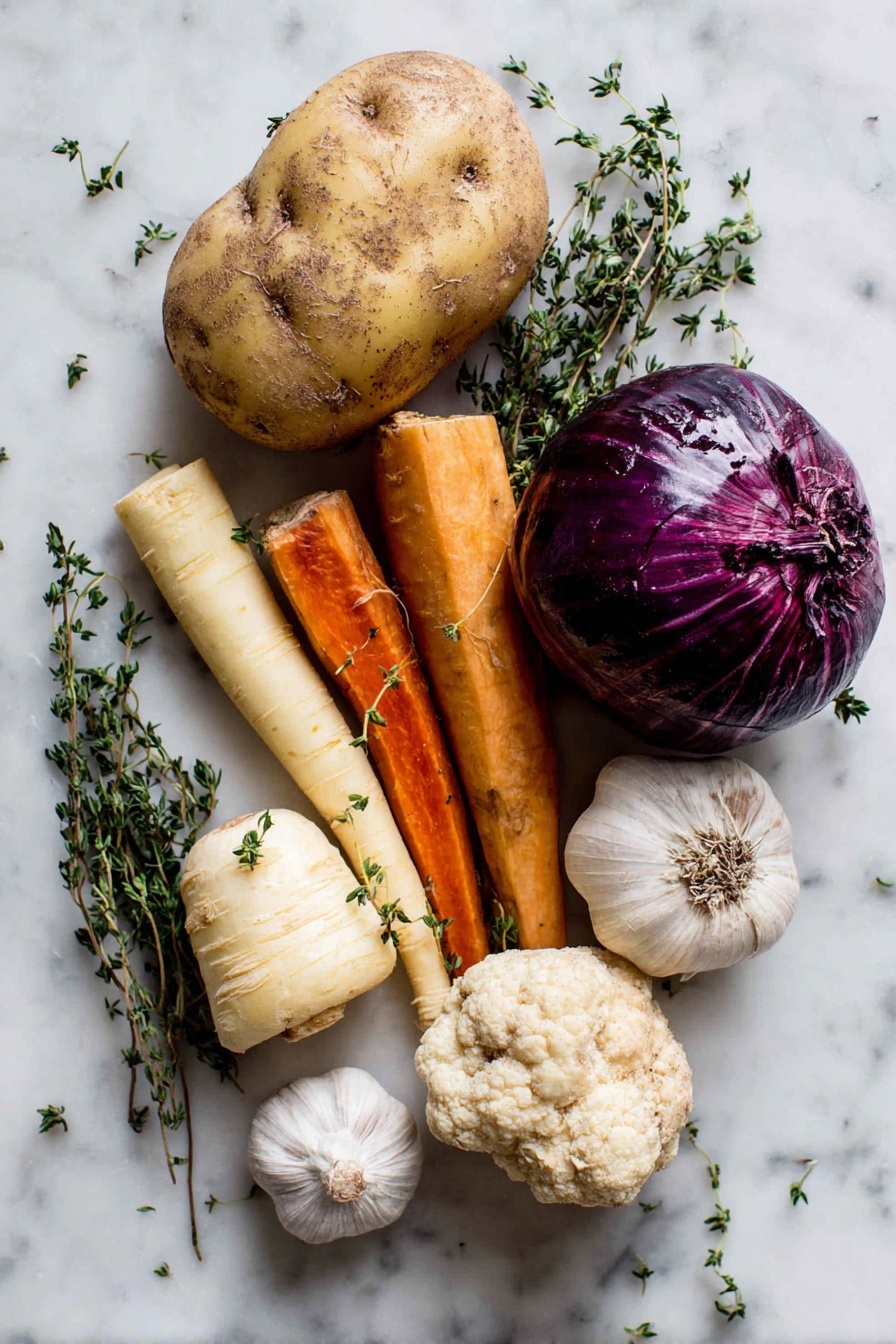 root vegetable soup - Flat lay of large golden russet potato with rough skin, smooth orange sweet potato, vibrant bright orange carrots, creamy white parsnip with pale yellow hints, knobby off-white celeriac with rough texture, glossy deep purple onion bulb halved to show layers, fresh green thyme sprigs scattered naturally, and plump white garlic cloves with papery skins, all arranged with natural spacing and soft shadows, placed on white marbled surface, photo taken with an iphone --ar 2:3 --v 7