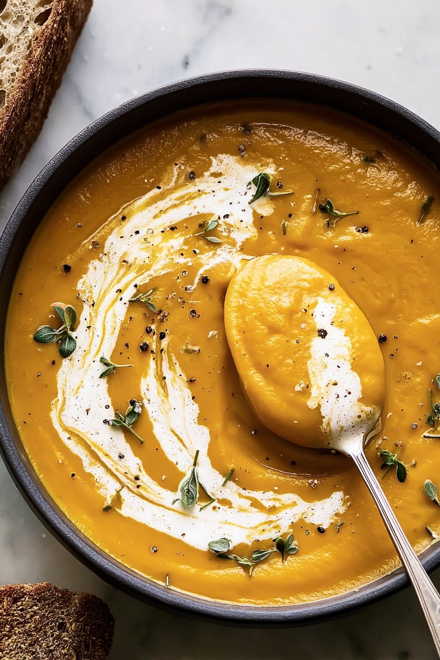 butternut squash - A bowl of thick orange pumpkin soup fills a round dark bowl placed on a white marbled surface with a piece of brown bread in the corner. The soup is smooth with a creamy white swirl pattern on top. Small green herb leaves and scattered black pepper dots decorate the surface. A spoon holding a scoop of the soup with cream on it dips into the right side of the bowl. photo taken with an iphone --ar 2:3 --v 7