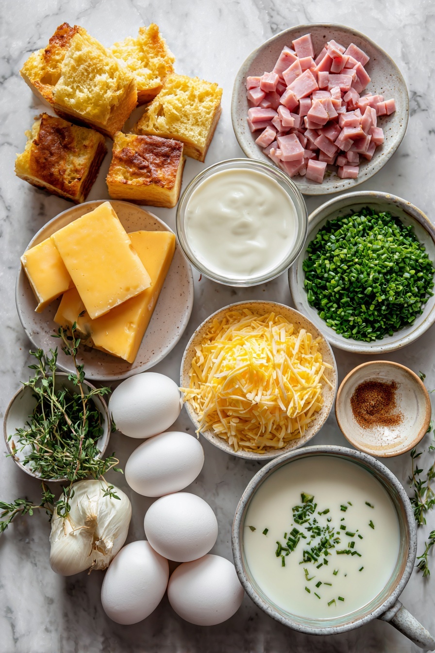 Flat lay of thick cubes of golden sourdough bread, diced pink ham, bright orange shredded sharp cheddar cheese, glossy shallots minced finely, fresh green thyme leaves sprinkled lightly, whole eggs with smooth shells, creamy whole milk poured in a small pool, fresh chopped chives adding a pop of green, and a small heap of grated nutmeg, all beautifully arranged on a white marble surface, photo taken with an iphone --ar 2:3 --v 7