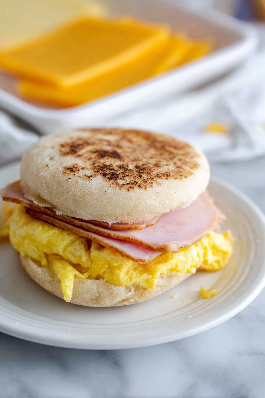 A breakfast sandwich on a white plate with a white marbled surface underneath, showing three layers: the top layer is a light brown toasted English muffin with a soft, slightly rough texture; the middle layer is a round slice of pink ham with a smooth surface; the bottom layer is a folded, bright yellow cooked egg with a slightly soft and fluffy texture that slightly spills over the edges of the bottom half of the English muffin, which is light brown and toasted. In the background, there is a blurry view of other similar sandwiches and a tray with a yellow food item. Photo taken with an iphone --ar 2:3 --v 7