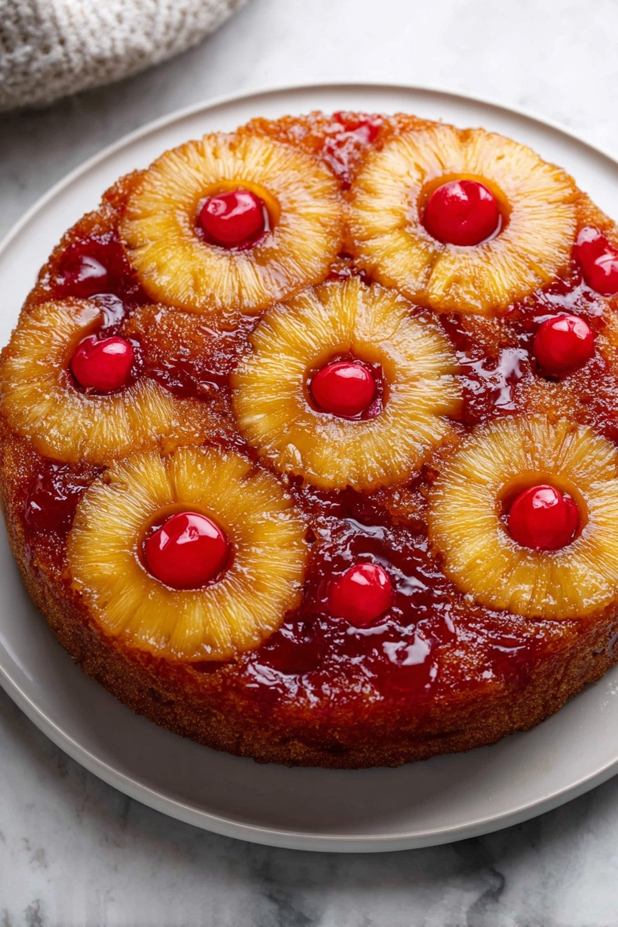 A round pineapple upside-down cake sits centered on a white plate, presenting six large, golden yellow pineapple rings arranged evenly on top. Each pineapple ring holds a shiny, bright red cherry in its middle, contrasting with the caramelized brown base underneath. In between the pineapple rings, smaller pools of rich red cherry syrup fill the spaces, enhancing the vibrant look. The cake surface is glossy and slightly textured, showing the sticky caramel layer close to the edges. The scene rests on a white marbled surface with a soft, natural light highlighting the warm colors of the dessert. Photo taken with an iphone --ar 2:3 --v 7