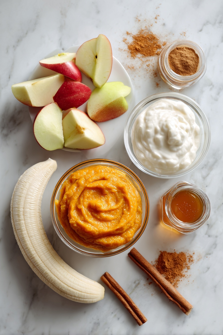 Flat lay of bright orange pumpkin purée in a small glass bowl, a peeled frozen banana beside it, fresh apple chunks with red and green skin, creamy white Greek yogurt dolloped neatly, a small jar of amber maple syrup, a cinnamon stick and a sprinkle of pumpkin pie spice powder elegantly scattered nearby, a splash of almond milk in a clear glass, all arranged in a balanced composition placed on a white marble surface, photo taken with an iphone --ar 2:3 --v 7