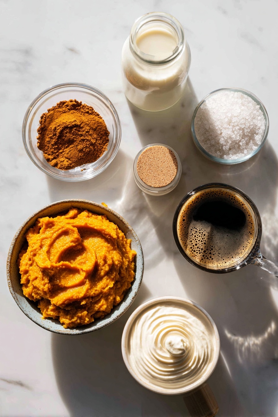 Flat lay of a small bowl of bright orange pumpkin puree, a heap of granulated white sugar crystals, a glass bottle of creamy whole milk, a small jar of vanilla extract with a wooden cork, a small mound of warm brown pumpkin pie spice powder, a dark brewed coffee in a clear glass cup, a swirl of smooth whipped cream, and a small pitcher of pale vanilla creamer, all beautifully arranged with soft natural light and gentle shadows, placed on a white marble surface, photo taken with an iphone --ar 2:3 --v 7