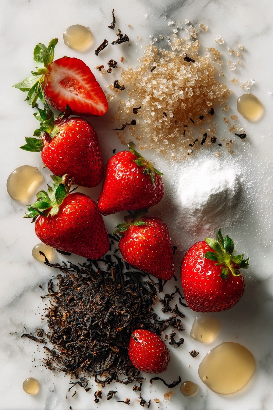 Flat lay of fresh ripe strawberries, loose black tea leaves spilling gently, a small heap of granulated sugar crystals sparkling, a delicate mound of baking soda powder, and clear water droplets arranged in small puddles to suggest freshness, all beautifully spread out with vibrant red, deep brown, and white tones contrasting on a pristine white marble surface, photo taken with an iphone --ar 2:3 --v 7