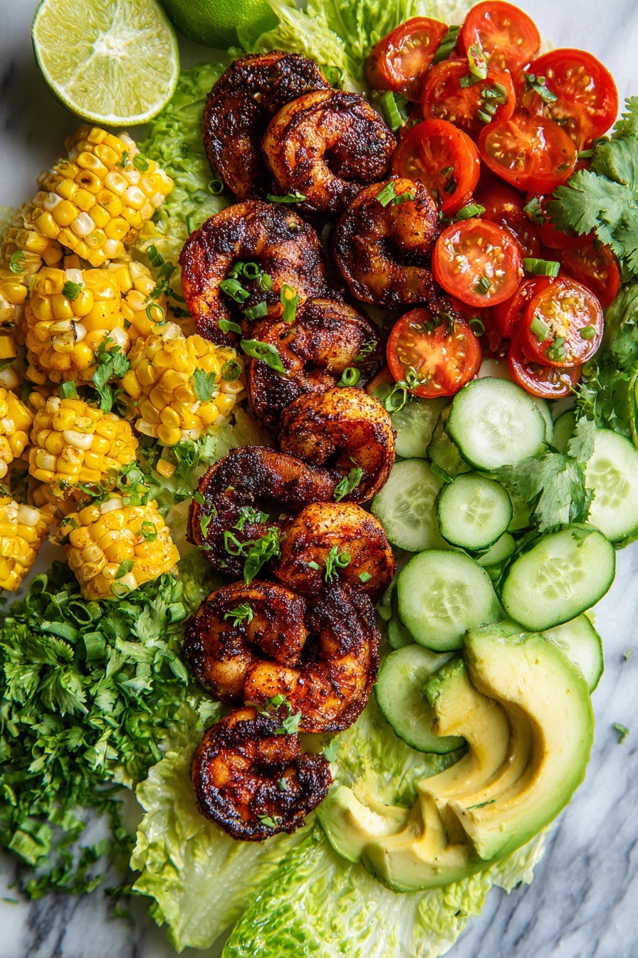 Flat lay of large blackened shrimp with a deep reddish spice coating, bright yellow charred corn kernels, halved vibrant red grape tomatoes, thinly sliced light green mini cucumbers, creamy sliced avocado, fresh chopped green onions, bright green cilantro leaves scattered around, and crisp romaine lettuce leaves with a fresh, leafy texture, placed on a white marble surface, photo taken with an iphone --ar 2:3 --v 7