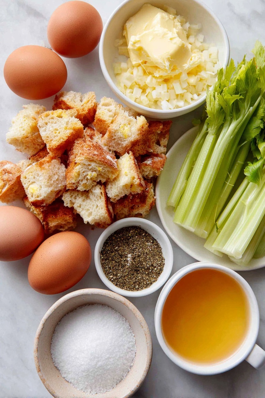 Flat lay of a pile of irregular, golden-brown dried bread cubes, a few whole uncracked brown eggs with clean shells, a small mound of pale yellow unsalted butter, a handful of fresh green celery stalks with crisp leaves, a small pile of diced bright yellow onion, a small white ceramic bowl filled with coarse salt crystals, another small white bowl holding freshly ground black pepper, a small white bowl containing poultry seasoning powder in warm brown tones, and a small white bowl filled with golden chicken stock, all arranged symmetrically and balanced on a clean white marble surface, soft natural light, photo taken with an iPhone, professional food photography style, fresh ingredients, white ceramic bowls, no bottles, no duplicates, no utensils, no packaging --ar 2:3 --v 7 --p awthu7i m7354615311229779997