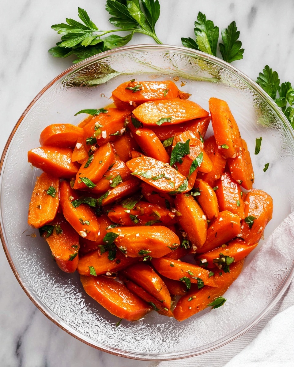 A white plate is filled with bright orange cooked carrots that are cut into thick, uneven diagonal pieces. The carrots have a shiny, slightly oily surface that shows small bits of seasoning and herbs. Green parsley leaves are scattered on top and around the carrots, adding a fresh contrast to the orange color. The whole plate rests on a white marbled surface, and some fresh parsley leaves are placed above the plate as decoration. photo taken with an iphone --ar 2:3 --v 7