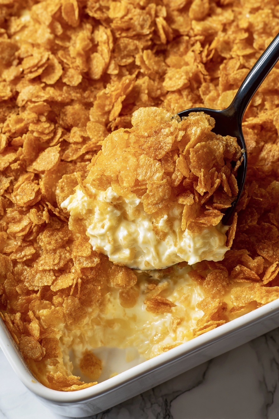 A close-up of a dish with two main layers: the bottom layer is creamy and light yellow with a soft, cheesy texture, and the top layer is covered with golden brown crushed cornflakes, creating a crunchy and uneven surface. A black spoon scoops up a portion, showing the contrast between the crunchy top and the smooth, cheesy layer underneath. The dish is in a white rectangular baking dish, placed on a white marbled surface. Photo taken with an iphone --ar 2:3 --v 7