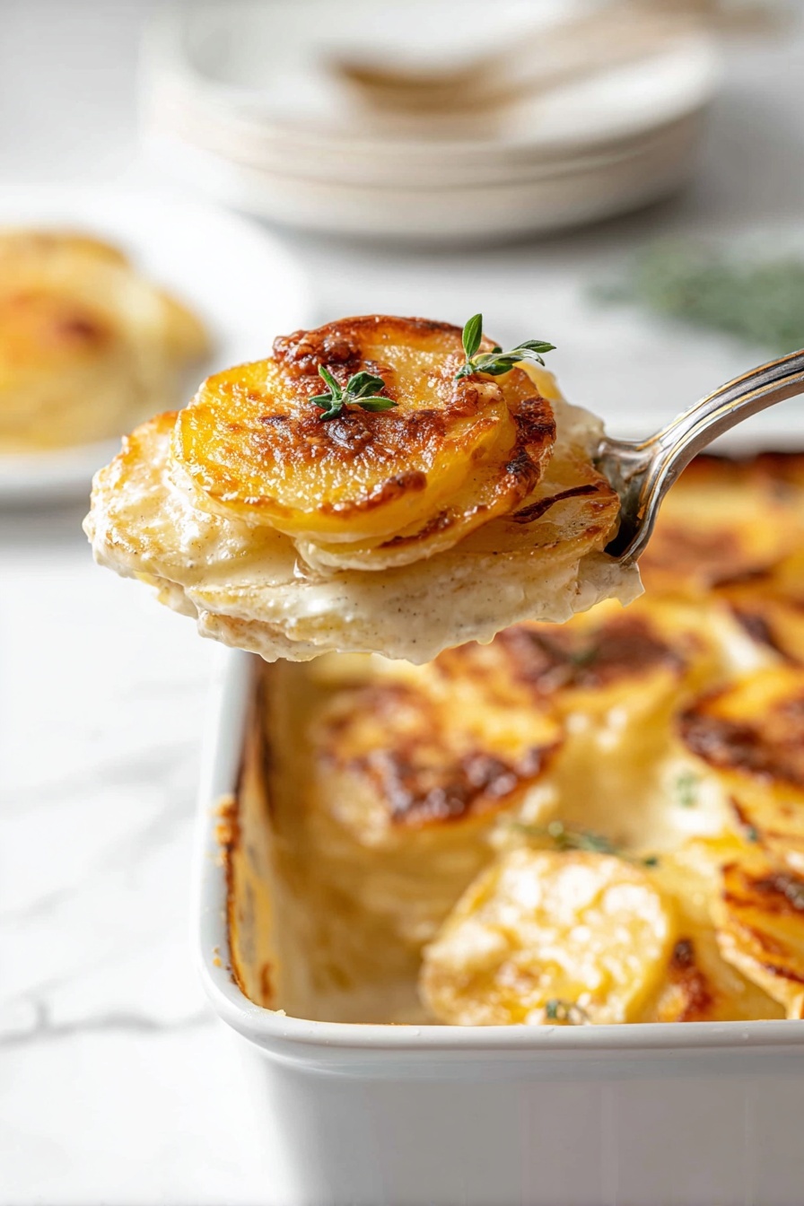 The image shows a close-up of a baked dish with two main layers: the bottom layer is creamy and smooth with a light golden color, while the top layer consists of several round potato slices that are golden brown and slightly crispy on the edges. Small fresh green herb leaves are scattered across the potatoes, adding a touch of color and freshness. The potatoes have a soft, yet slightly browned texture, and the creamy base looks rich and thick, with some bubbling around the edges. The dish is set on a white marbled surface. photo taken with an iphone --ar 2:3 --v 7