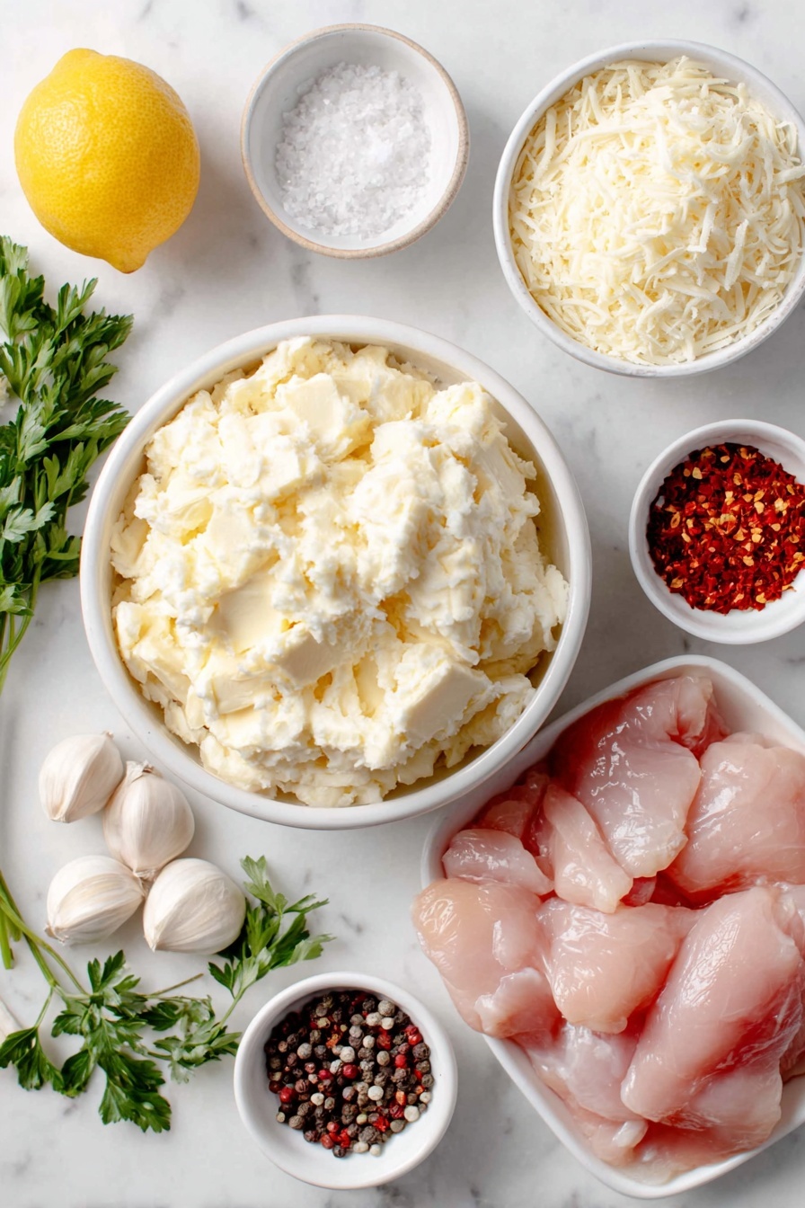 Flat lay of a small mound of softened salted butter in a simple white ceramic bowl, five whole uncracked garlic cloves, a small white bowl filled with finely grated parmesan cheese, a whole lemon with a few lemon wedges beside it, a small white bowl with red pepper flakes, a few sprigs of fresh parsley, several raw boneless skinless chicken thighs cut into thick strips, a small white bowl with coarse salt, a small white bowl with whole black peppercorns, all arranged in perfect symmetry on a clean white marble surface, soft natural light, photo taken with an iPhone, professional food photography style, fresh ingredients, white ceramic bowls, no bottles, no duplicates, no utensils, no packaging --ar 2:3 --v 7 --p awthu7i m7354615311229779997