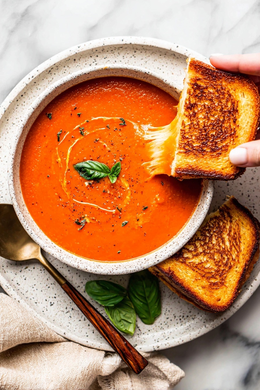 A bowl of smooth, bright orange tomato soup sits in the center of a large white speckled plate. The soup has a swirl of oil and bits of herbs on top, with a small green basil leaf in the middle. A toasted golden brown grilled sandwich is held by a woman's hand dipping into the soup, showing its crispy texture. Next to the bowl on the plate lies another piece of the same sandwich. A spoon with a wooden handle rests on the plate near the bottom, and a fresh green basil sprig is placed beside the sandwich. The setting is on a white marbled surface with a soft beige cloth visible on the side. photo taken with an iphone --ar 2:3 --v 7
