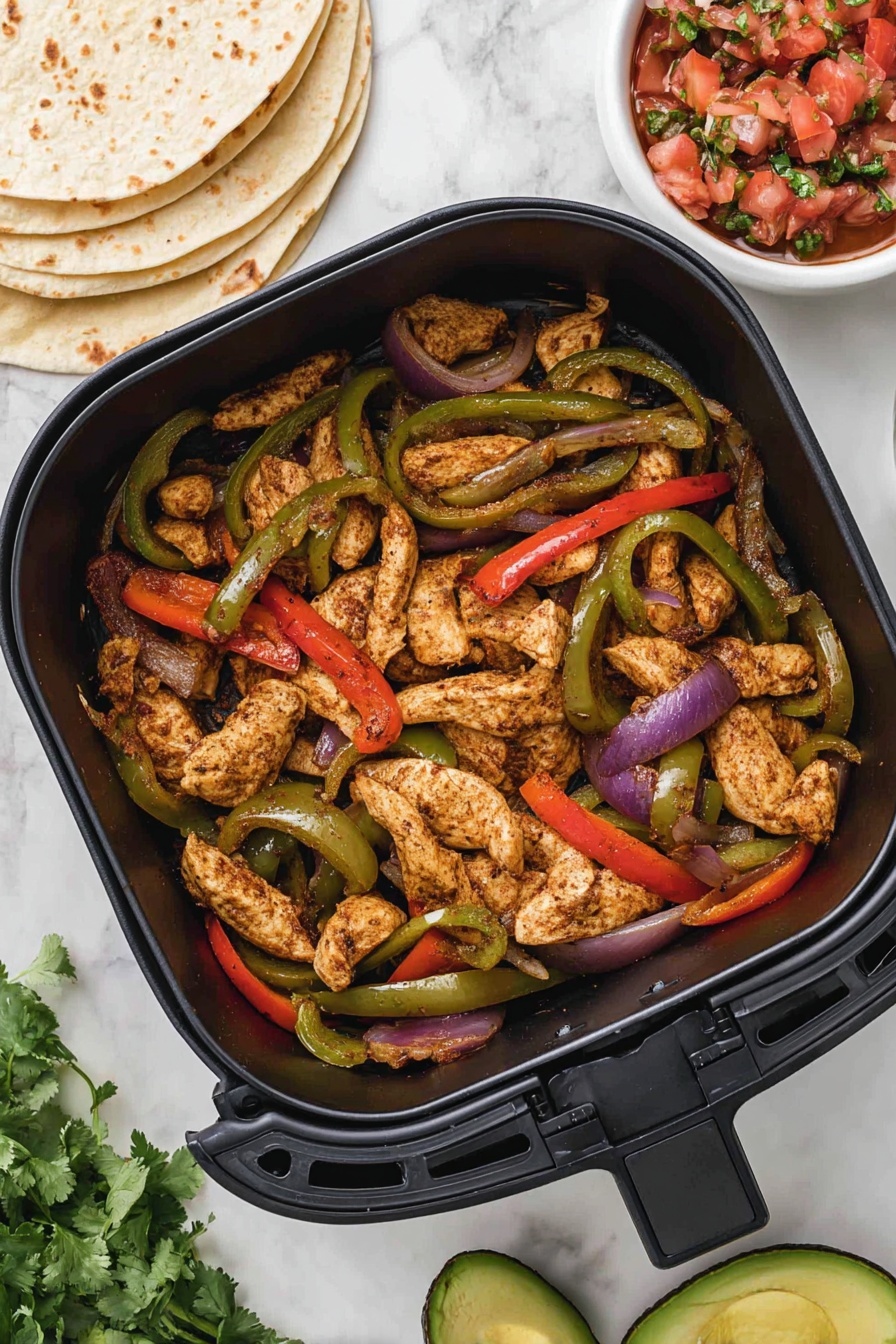 The dish shows cooked sliced chicken pieces layered with strips of green and red bell peppers and purple onion slices inside a black air fryer basket. The chicken pieces have a light brown, seasoned look, while the bell peppers add bright green and red colors, and the onions add purple tones. Around the air fryer, there are lightly toasted tortillas, a white bowl with fresh tomato salsa topped with green herbs, a bunch of green cilantro, and a halved avocado showing its green inside and dark seed. All items are on a white marbled surface. photo taken with an iphone --ar 2:3 --v 7