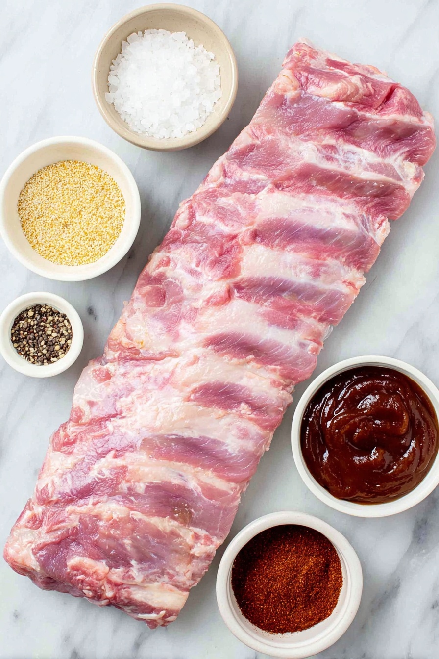 Flat lay of a whole raw rack of baby back pork ribs with visible marbling, a small white ceramic bowl of whole grain mustard with visible mustard seeds, a small white bowl containing smoked paprika powder with vibrant red hue, a small white bowl of coarse salt crystals, a small white bowl of whole black peppercorns, a small white bowl of finely ground garlic powder, and a small white bowl filled with thick, reddish-brown barbecue sauce, all arranged symmetrically and spaced evenly, placed on a clean white marble surface, soft natural light, photo taken with an iPhone, professional food photography style, fresh ingredients, white ceramic bowls, no bottles, no duplicates, no utensils, no packaging --ar 2:3 --v 7 --p awthu7i m7354615311229779997