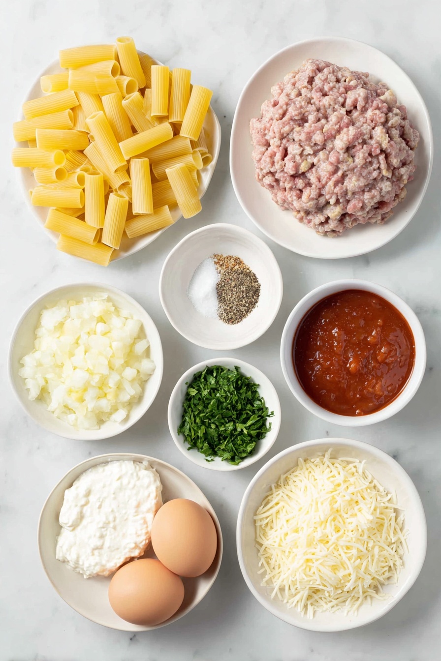 Flat lay of a handful of uncooked rigatoni pasta, a small mound of raw Italian sausage, a diced yellow onion, three peeled garlic cloves, a small white bowl of mixed Italian seasoning, another small white bowl with freshly ground black pepper, a small white bowl of kosher salt, a small white bowl filled with red pasta sauce, two whole uncracked brown eggs, a small heap of creamy white ricotta cheese, a small bunch of freshly chopped green parsley, a small pile of grated pale yellow Parmesan cheese, and a small mound of shredded white mozzarella cheese, all arranged in a balanced symmetrical layout on simple white ceramic bowls and plates, placed on a clean white marble surface, soft natural light, photo taken with an iPhone, professional food photography style, fresh ingredients, white ceramic bowls, no bottles, no duplicates, no utensils, no packaging --ar 2:3 --v 7 --p m7354615311229779997