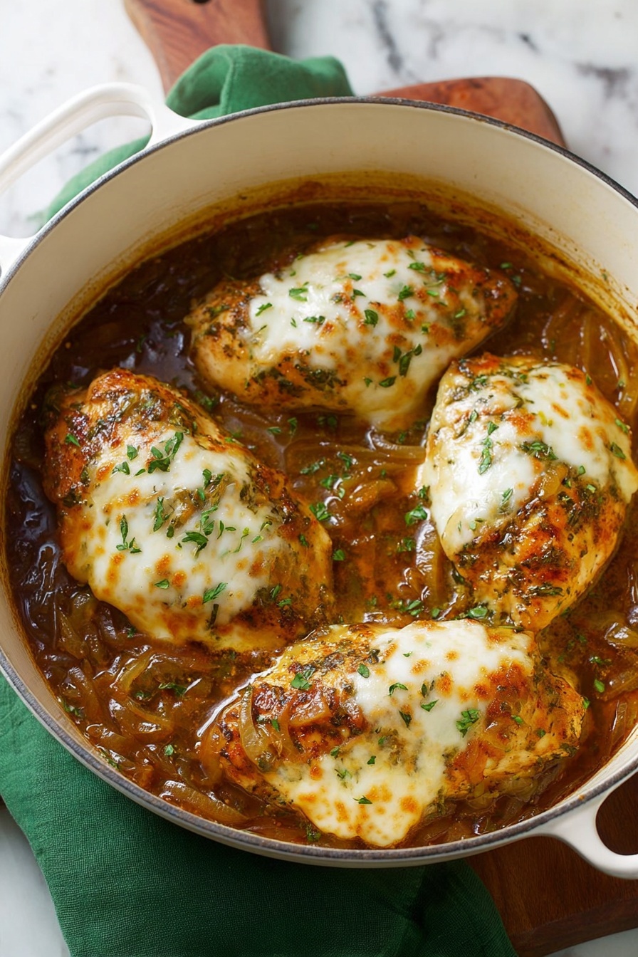 In a white round pot, there are four thick pieces of cooked chicken with melted white cheese on top, scattered with small green herb leaves. The chicken rests in a thick, brownish orange sauce that has visible caramelized onion pieces, giving a shiny texture. The pot is placed on a green cloth over a wooden board and a white marbled surface is partially visible around it. photo taken with an iphone --ar 2:3 --v 7