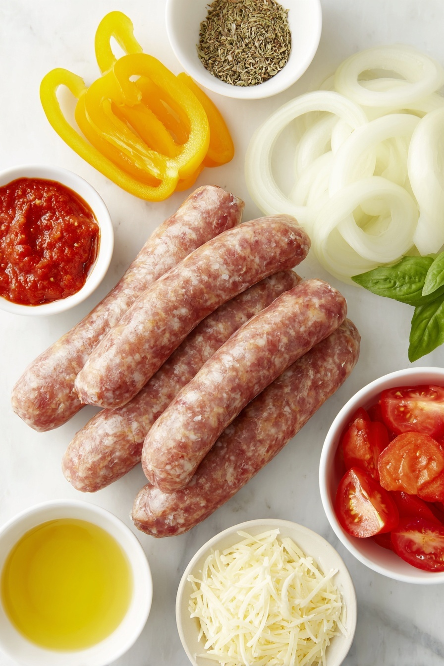 Flat lay of five Italian sausage links with natural casings, a small white bowl of olive oil, one red bell pepper sliced, one yellow bell pepper sliced, one large yellow onion sliced into rings, a small white bowl filled with bright red tomato paste, a small white bowl of finely minced fresh garlic, a small white bowl with red pepper flakes, a small white bowl of golden chicken broth, a small white bowl of dark balsamic vinegar, one large roma tomato halved and sliced, a small pile of freshly chopped basil leaves, a small white bowl with dried oregano leaves, a small white bowl containing finely shredded parmesan cheese, and a few sprigs of fresh basil arranged symmetrically, all placed on a clean white marble surface, soft natural light, photo taken with an iPhone, professional food photography style, fresh ingredients, white ceramic bowls, no bottles, no duplicates, no utensils, no packaging --ar 2:3 --v 7 --p m7354615311229779997