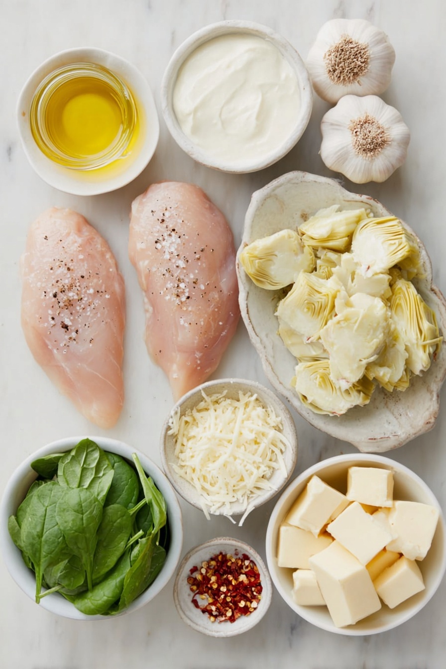Flat lay of four raw boneless, skinless chicken breasts seasoned with salt and freshly ground black pepper, three whole garlic cloves, a small white ceramic bowl of olive oil, a small white ceramic bowl of butter, a small white ceramic bowl of flour, a heap of fresh chopped spinach leaves, a small white ceramic bowl filled with chopped artichoke quarters, a small white ceramic bowl of milk, small cubes of pale creamy Neufchatel cheese arranged neatly, a small white ceramic bowl of finely shredded parmesan cheese, a small white ceramic bowl of sour cream, and a small white ceramic bowl of red pepper flakes, all placed on a clean white marble surface, soft natural light, photo taken with an iPhone, professional food photography style, fresh ingredients, white ceramic bowls, no bottles, no duplicates, no utensils, no packaging --ar 2:3 --v 7 --p m7354615311229779997