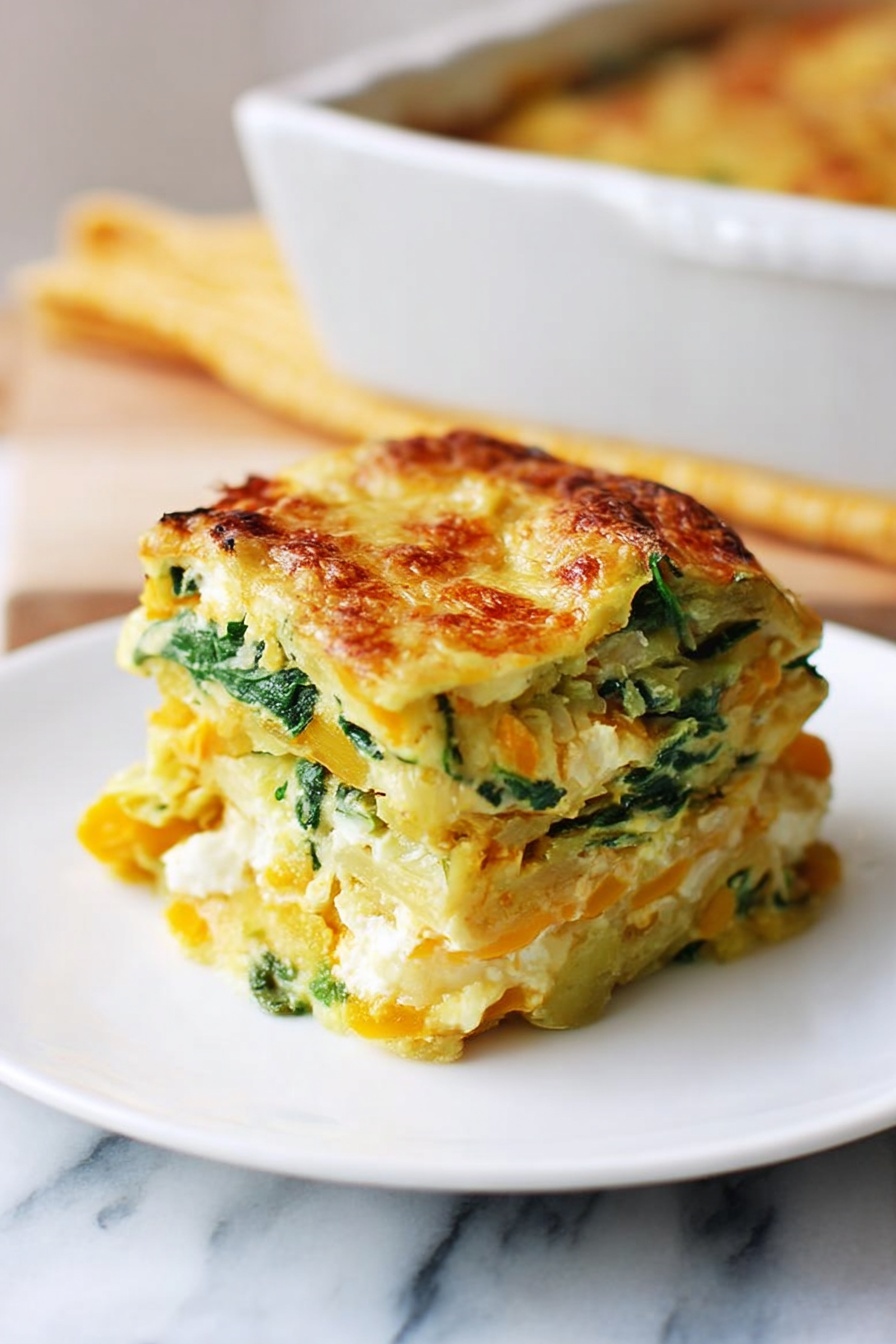 The image shows two square pieces of baked casserole on a white plate. Each piece has a golden-brown, slightly crispy top layer with some darker browned spots, indicating baked cheese or eggs. Below the top crust, there are visible layers of soft, creamy yellow and white textures mixed with small green pieces that look like spinach or herbs. The edges of the casserole pieces show a bit of layered, soft thickness. The plate sits on a white marbled surface with a green cloth or napkin visible underneath the plate on the left side. Photo taken with an iphone --ar 2:3 --v 7