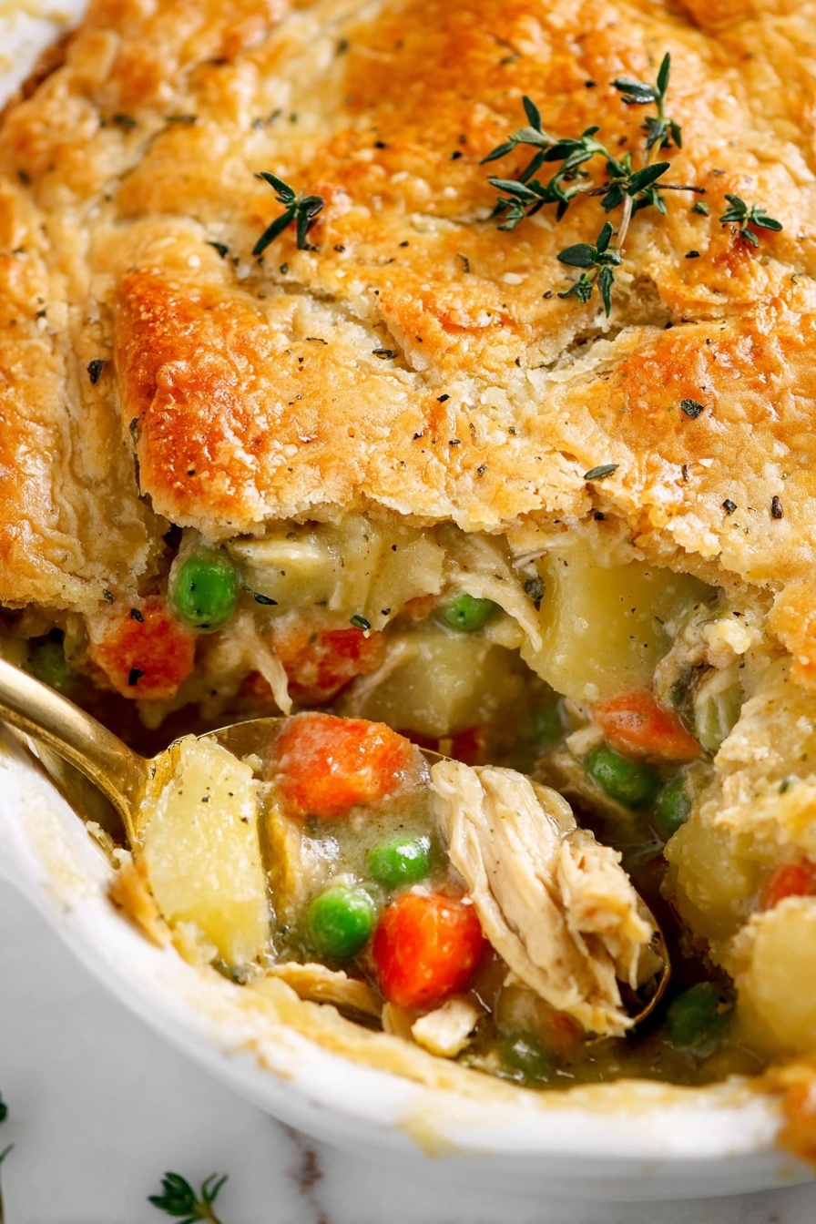 This image shows a white dish filled with a thick cooked chicken and vegetable pot pie, sliced to reveal its layers. The top layer is a golden, crumbly pastry crust with a slightly rough texture and a few small green herb sprigs on it. Below the crust, the filling has three main layers: chunks of pale yellow potatoes, bright orange carrot slices, and vibrant green peas mixed with shredded whitish chicken in a creamy sauce. The vegetables and chicken are lightly coated in the sauce, giving them a soft, moist look, and small bits of chopped green parsley are scattered across the filling. A golden spoon partially scoops the filling from the dish, resting on the white marbled surface. Photo taken with an iphone --ar 2:3 --v 7