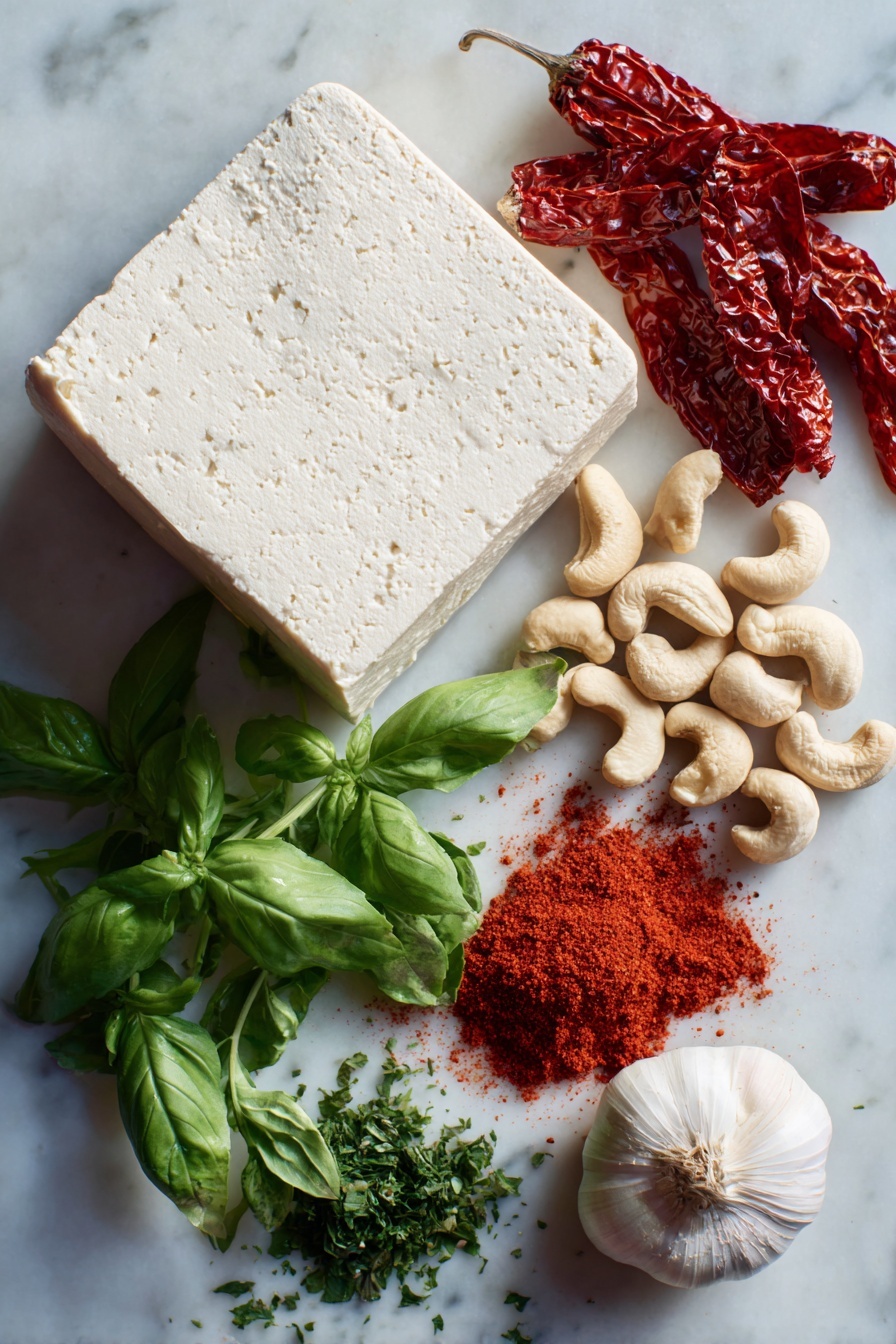 Sun-Dried Tomato Cashew Cream - Flat lay of firm tofu block with smooth, creamy white texture, raw cashews in their natural beige shells, bright red sun-dried tomatoes with a slightly wrinkled surface, vibrant green fresh basil and parsley leaves finely chopped with delicate veins, a large shallot showing pale purple and white layers, garlic cloves with smooth white skin, and a small pile of paprika powder in rich red color, all beautifully arranged with natural spacing and color contrast, placed on white marbled surface, photo taken with an iphone --ar 2:3 --v 7