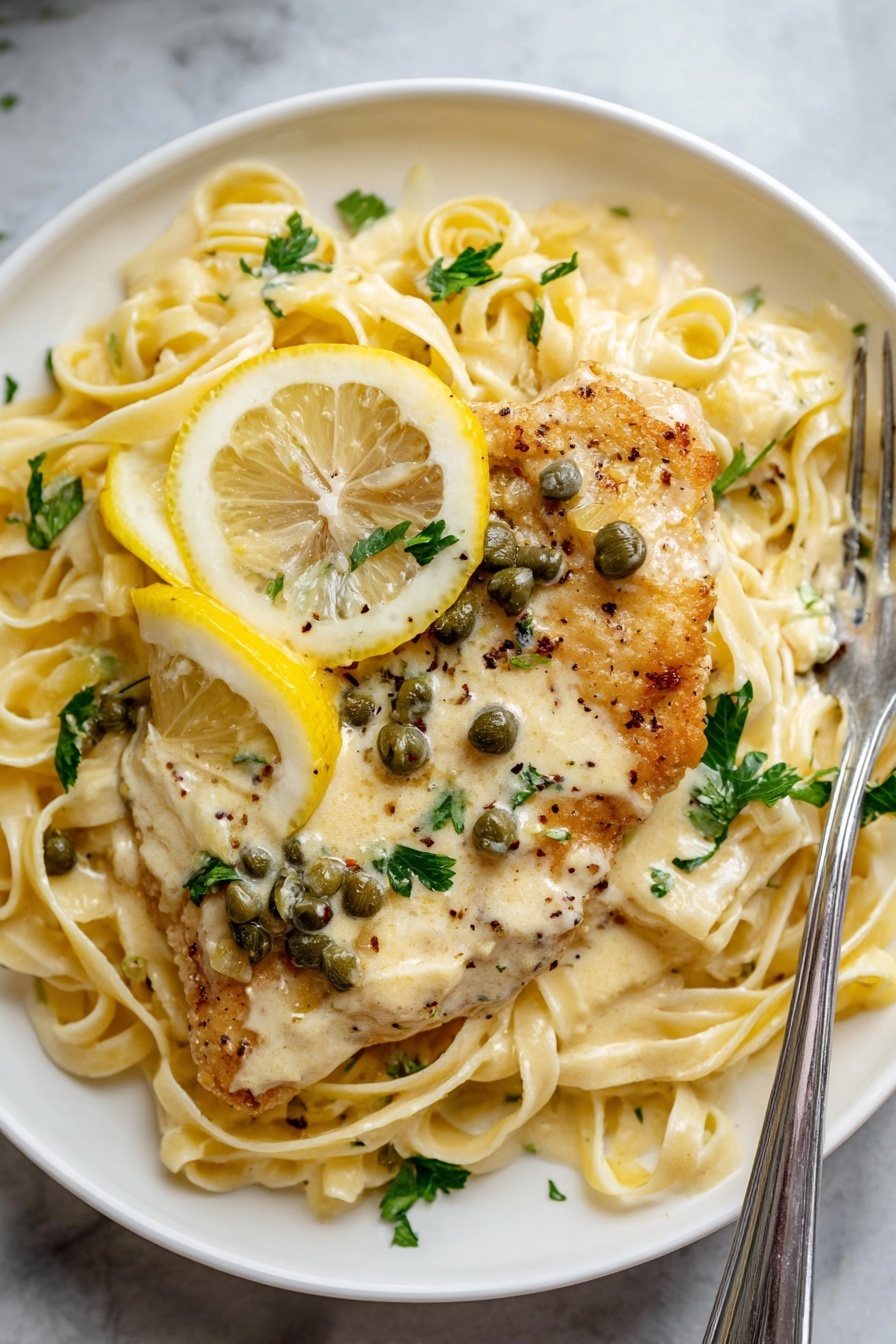 Creamy Lemon Chicken - A white plate holds a serving of creamy fettuccine pasta with a smooth, pale yellow sauce coating the noodles. On top of the pasta lies a golden-brown cooked chicken cutlet covered in the same creamy sauce. The sauce is dotted with small green capers and specks of black pepper, adding texture. Two slices of lemon, one whole round and one wedge, rest on the chicken, providing a bright yellow contrast. Fresh green parsley is sprinkled on top, enhancing the presentation. A fork is placed on the right side of the plate, partially resting on the pasta. The dish sits on a white marbled surface. photo taken with an iphone --ar 2:3 --v 7