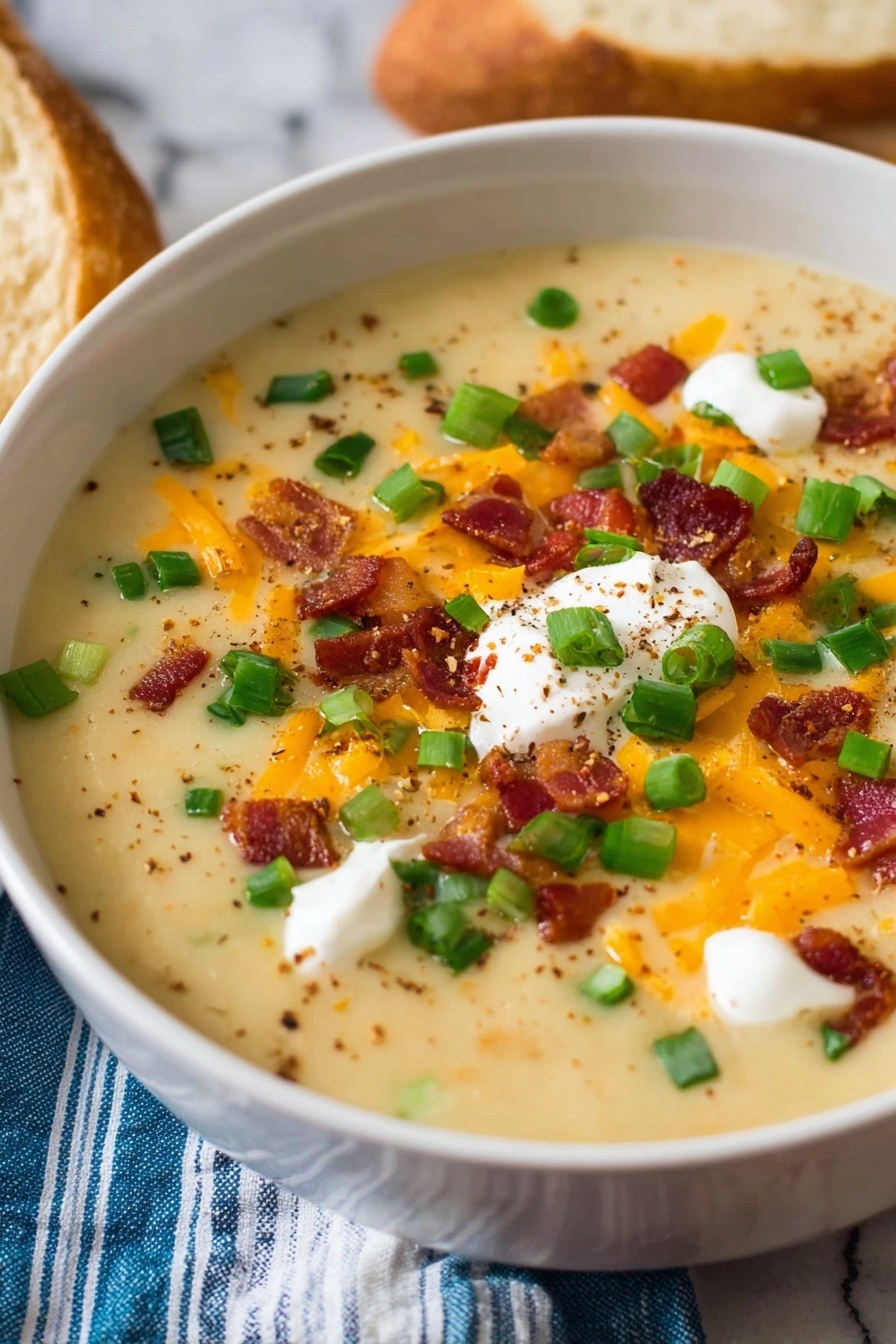 potato soup - A white bowl filled with a thick, creamy soup that is pale yellow in color. On top, there are small bits of crispy reddish-brown bacon pieces scattered around, bright orange shredded cheese pieces, and vivid green chopped scallions spread evenly. There are also a few dollops of white sour cream and a light dusting of brown seasoning sprinkled across the surface. The bowl rests on a blue and white striped cloth with a piece of brown bread at the edge. The background is a white marbled texture. Photo taken with an iphone --ar 2:3 --v 7