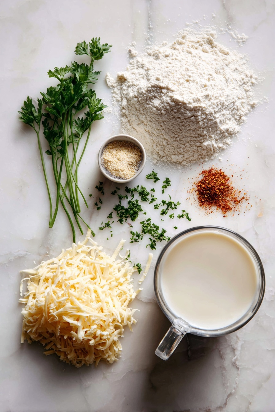 Flat lay of shredded vegan cheddar cheese, a small pile of all-purpose flour, a glass of unsweetened soy milk with apple cider vinegar, melted vegan butter in a small puddle, fresh chopped parsley, garlic powder sprinkled delicately, and a few pinches of cayenne pepper arranged beautifully on a white marble surface, photo taken with an iphone --ar 2:3 --v 7