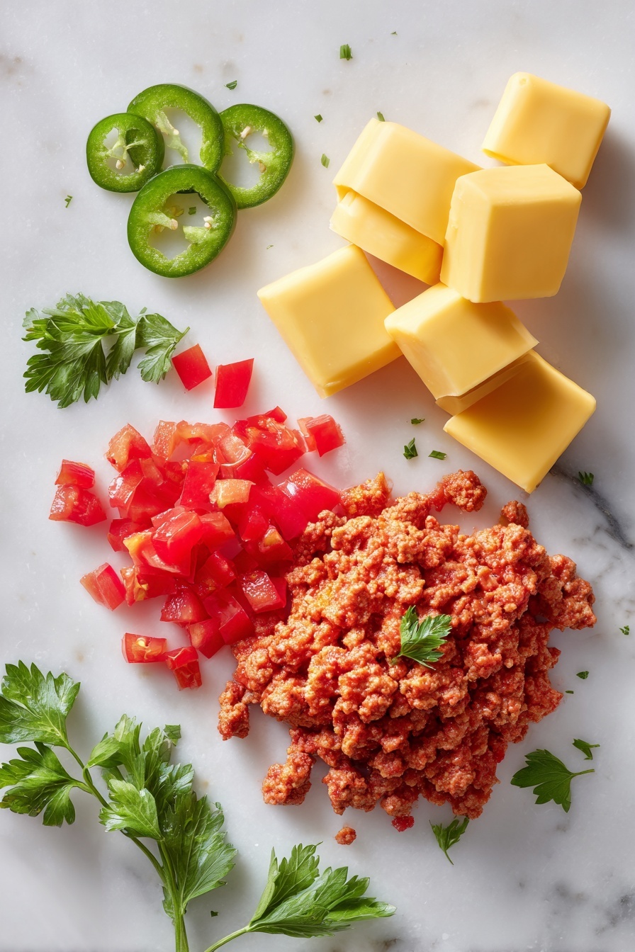 Flat lay of crumbled hot pork sausage, bright red diced tomatoes with green chilies from a can of Rotel, smooth cubes of creamy Velveeta Original Cheese, fresh green chili slices, and a few sprigs of fresh parsley for color, all beautifully arranged on a white marble surface, photo taken with an iphone --ar 2:3 --v 7