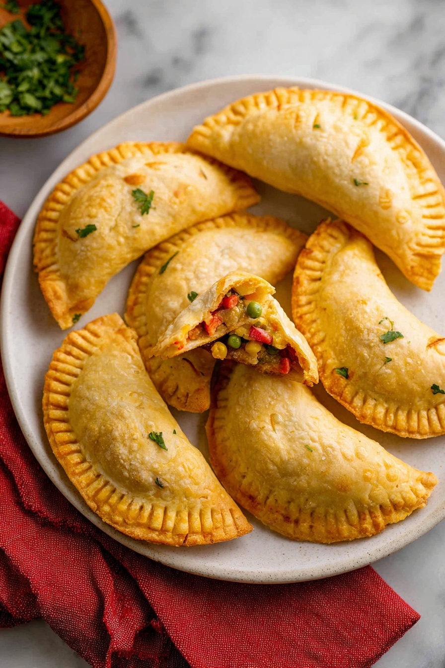 The image shows a white plate with six golden-brown empanadas, each folded in a half-moon shape with crimped edges. The empanadas have a slightly cracked, flaky pastry texture on top. One empanada is broken open showing a filling of colorful vegetables, including peas and red bell peppers. The plate is placed on a white marbled surface, next to a red cloth napkin and a small wooden bowl with green herbs visible in the background. The photo taken with an iphone --ar 2:3 --v 7