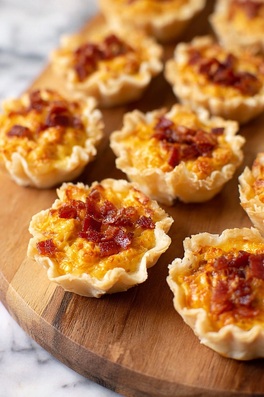 Several small tartlets are shown on a wooden board. Each tartlet has one layer of a light golden, crispy pastry shell that is ruffled at the edges. Inside the shell, there is a layer of melted cheese mixed with small bits of browned meat and green pepper pieces, with a slightly crispy texture on top. The tartlets are arranged with the closest one in clear focus and the rest softly blurred in the background on a white marbled surface. Photo taken with an iphone --ar 2:3 --v 7