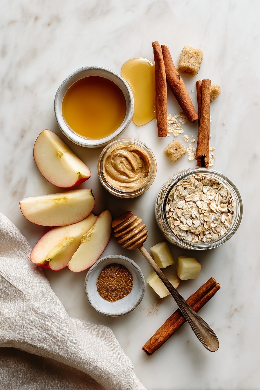 Flat lay of rolled oats, a small jar of creamy almond butter with a smear beside it, chunks of peeled honeycrisp apples, a few cinnamon sticks and a small bowl of ground cinnamon, solid coconut oil pieces, a small puddle of golden maple syrup glistening, and a splash of almond milk, all beautifully arranged with soft natural light and warm tones, placed on a white marble surface, photo taken with an iphone --ar 2:3 --v 7