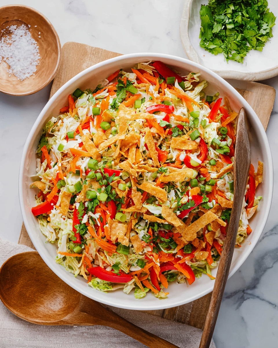 The image shows a white bowl filled with a colorful, fresh salad made of shredded white cabbage as the base layer, topped with thin orange carrot strips, long pieces of yellow tortilla strips, and slices of bright red bell pepper. Scattered on top are chopped green onions and fresh chopped green herbs, with small bits of cooked white chicken mixed in. The salad is sprinkled with black pepper. Two wooden salad servers with white tips rest on the side of the bowl. The bowl sits on a white marbled textured surface, and in the background, there is a clear glass container with a yellow liquid. Photo taken with an iphone --ar 2:3 --v 7