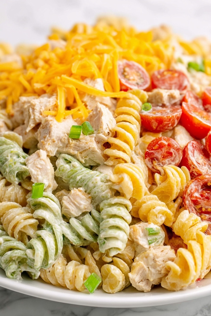 A close-up view of a creamy pasta salad with four visible layers: the bottom layer has cooked tri-color rotini pasta in white, green, and light orange shades; the middle layer shows diced white chicken pieces and bright yellow shredded cheese mixed in; another layer contains sliced cherry tomatoes, sliced in half with visible juicy red interiors; the top layer has small bits of chopped green onions scattered throughout. The dish is served on a white plate against a white marbled background. photo taken with an iphone --ar 2:3 --v 7