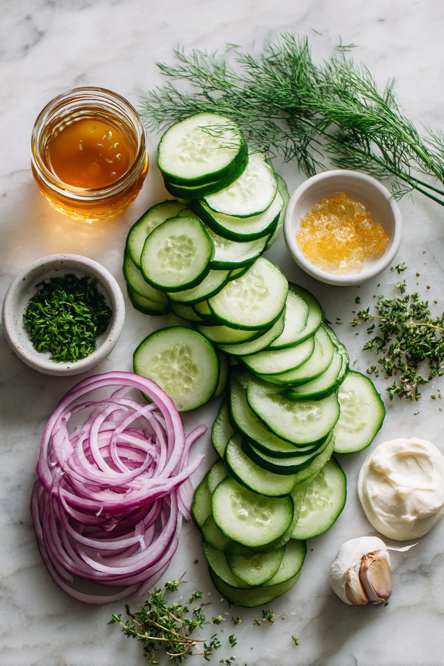 Flat lay of thinly sliced English cucumbers arranged in neat overlapping rows, delicate half rings of vibrant red onion fanned out beside them, small piles of fresh green dill sprigs and chopped parsley, a small mound of golden honey glistening under soft light, a dollop of creamy white Miracle Whip, a few cloves of minced garlic scattered, and a clear glass jar partially filled with amber apple cider vinegar, placed on a white marble surface, photo taken with an iphone --ar 2:3 --v 7