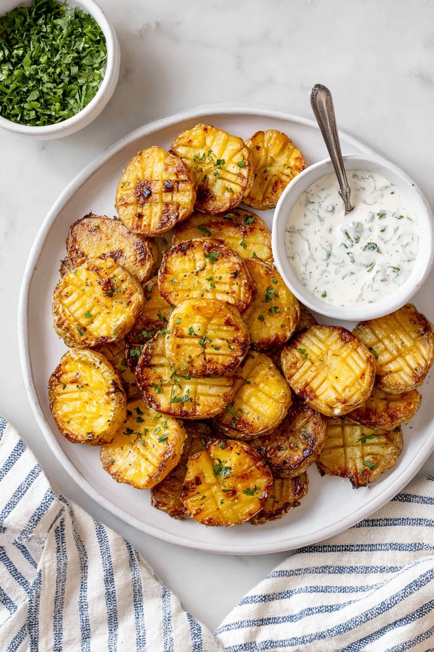 A white plate is filled with many small, round, golden-brown fried potato slices that have a slightly crispy texture and a grid pattern on top. In the center of the plate, there is a white bowl filled with thick white sauce sprinkled with small green herbs and cracked black pepper. A woman's hand is holding one potato slice, dipping it halfway into the sauce, showing the sauce coating the potato. The scene is set on a white marbled surface with a blue and white striped cloth partially visible beneath the plate. Photo taken with an iphone --ar 2:3 --v 7