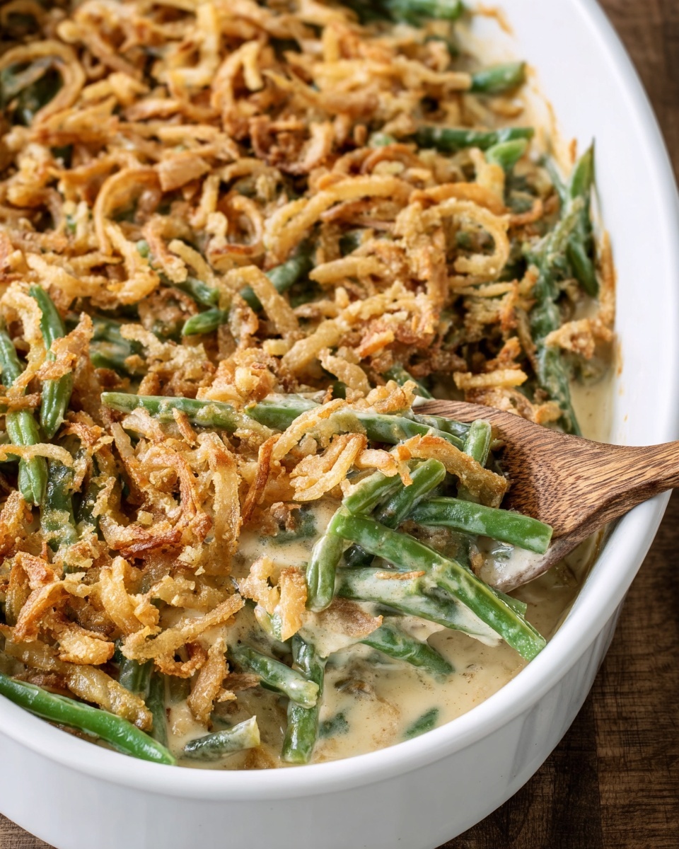 A white oval baking dish filled with a green bean casserole that has three visible layers: the bottom layer is green beans with a mix of dark and lighter green colors, covered with a creamy light beige sauce in the middle, and topped with a crunchy golden brown fried onion layer with a crispy texture spread evenly across the top. The dish is placed on a white marbled surface. photo taken with an iphone --ar 2:3 --v 7