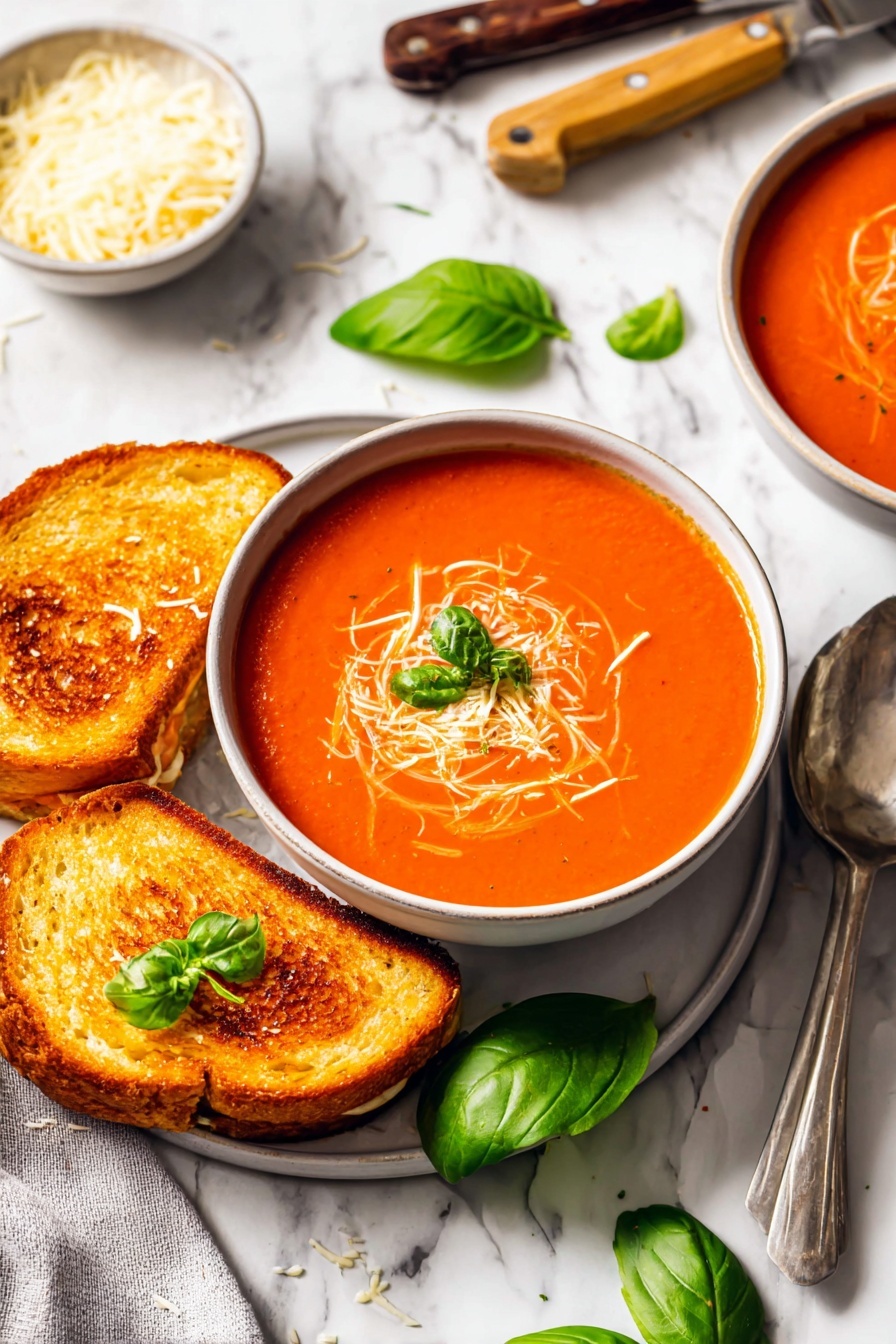 The image shows a bowl of smooth, bright orange tomato soup with a creamy swirl and sprinkled grated cheese in the center, topped with small green basil leaves. The bowl is placed on a white plate with two golden-brown grilled cheese sandwiches resting beside it, showing a crisp, toasted texture. Fresh basil leaves are scattered around on the white marbled surface, adding a touch of green. In the background, there is a small bowl filled with shredded cheese. A spoon and a knife with wooden handles rest above the bowl. A light gray cloth napkin is visible at the edge of the frame. photo taken with an iphone --ar 2:3 --v 7
