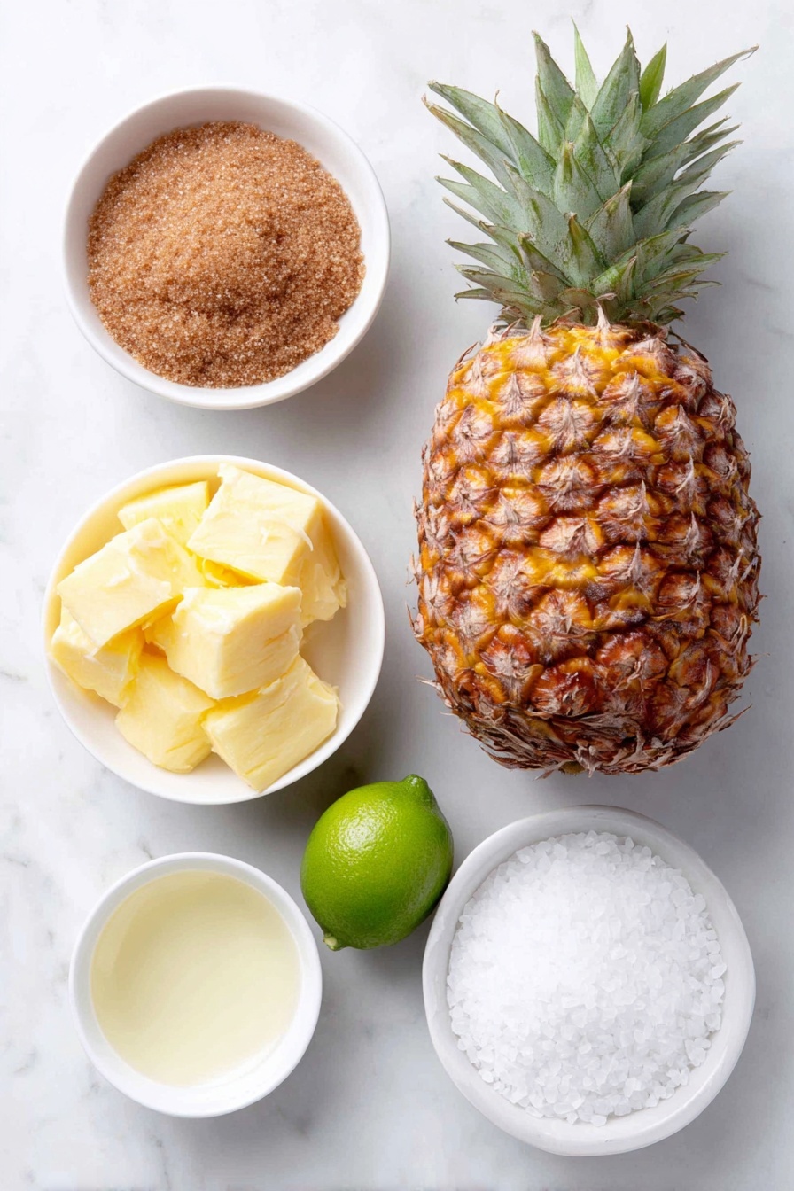 Flat lay of a whole ripe pineapple with vibrant yellow flesh and green spiky crown, a small white ceramic bowl filled with light brown packed brown sugar crystals, a small white ceramic bowl containing melted salted butter glowing softly, two fresh small whole limes with glossy green skin, a small white ceramic bowl holding clear pale lime juice, a small white ceramic bowl with pure white coconut extract liquid, and a neat pile of large flaky sea salt crystals on a white ceramic dish, all arranged in perfect symmetry, placed on a clean white marble surface, soft natural light, photo taken with an iPhone, professional food photography style, fresh ingredients, white ceramic bowls, no bottles, no duplicates, no utensils, no packaging --ar 2:3 --v 7 --p awthu7i m7354615311229779997