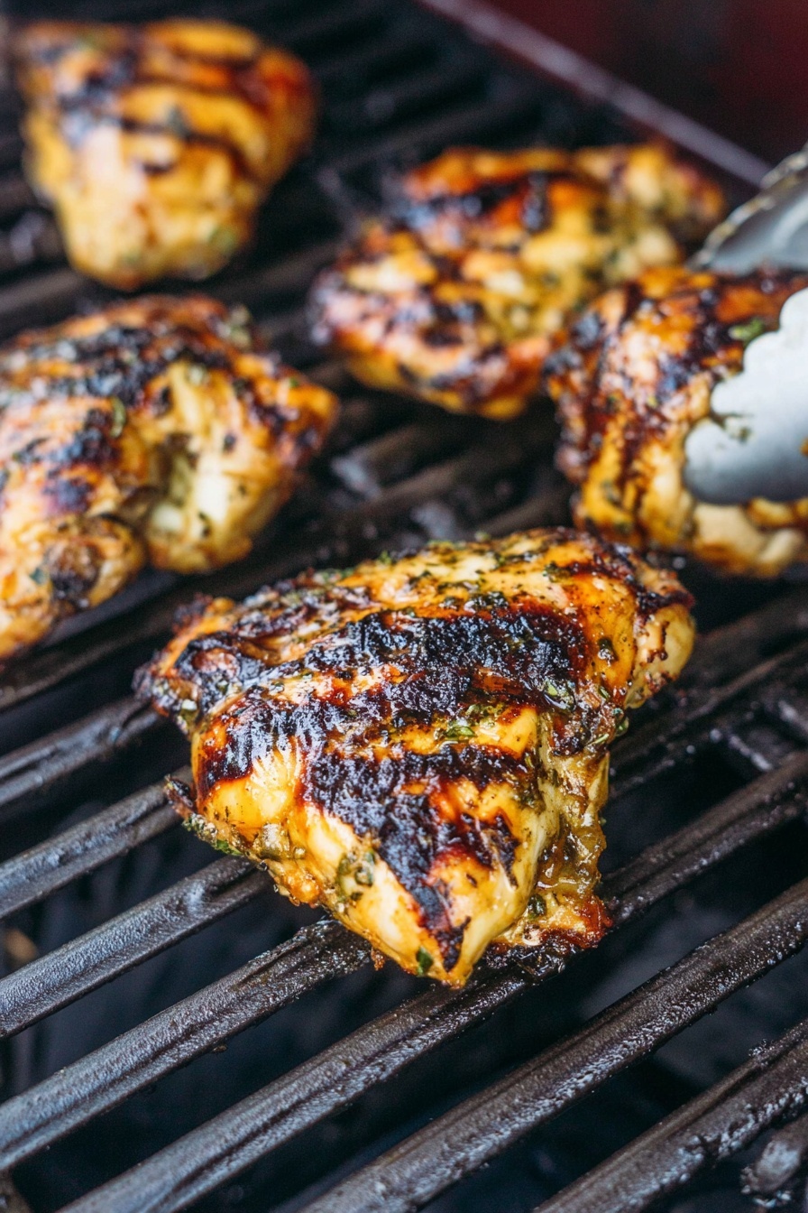 A close-up of grilled chicken pieces on a metal grill with dark grill lines visible on the skin. The chicken has four pieces in view, each showing a mix of golden brown, slightly burnt black edges, and some green herb bits in the marinade. The skin looks crispy with a charred texture, and the grill bars run diagonally across the image. There is a woman's hand holding tongs in the top right corner, turning one piece of chicken. The background has a white marbled texture. photo taken with an iphone --ar 2:3 --v 7