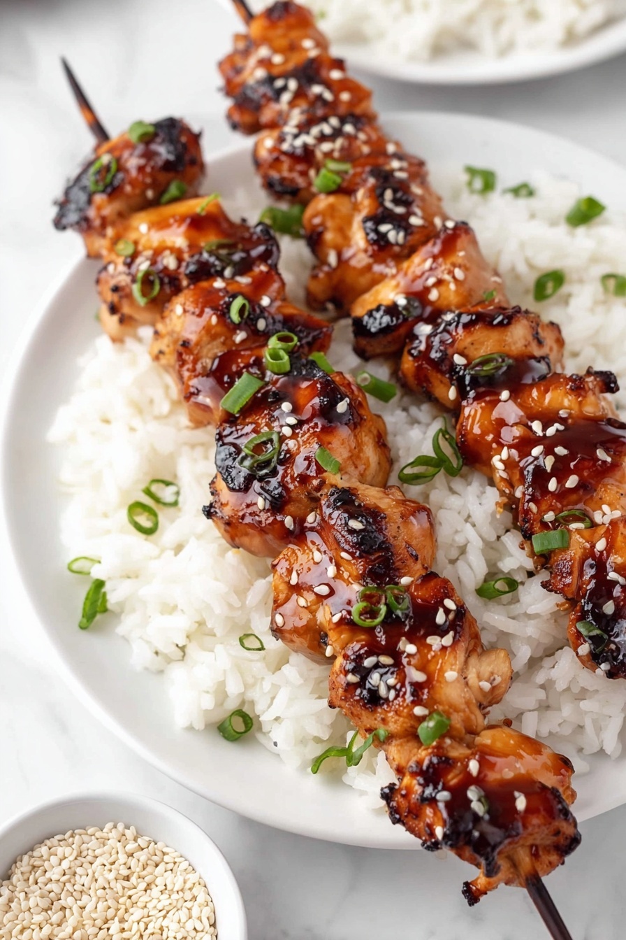Two wooden skewers with grilled chicken pieces covered in shiny dark brown teriyaki sauce lie on a bed of fluffy white rice on a white plate. The chicken has slight char marks and is garnished with small white sesame seeds and chopped green onions scattered on top and around the skewers. A small round white bowl filled with white sesame seeds is placed near the plate, all set on a white marbled surface. Photo taken with an iphone --ar 2:3 --v 7
