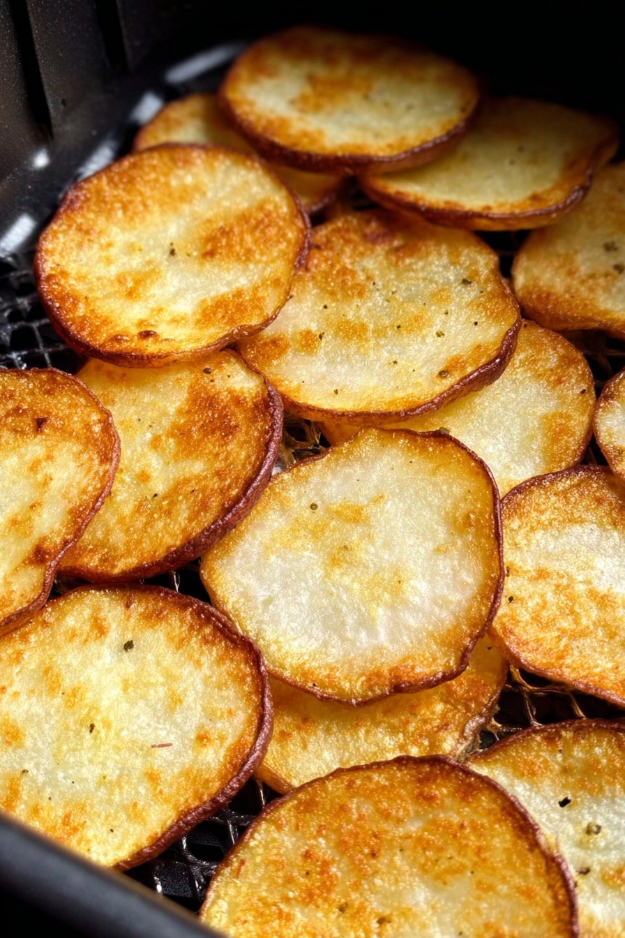The image shows a single layer of thin, round slices of fried potatoes with a golden-brown color on the edges and a lighter beige center, arranged closely together inside a black cooking basket. The potato slices have crispy textures with some small dark spots and slight bubbles on the surface. The background is a white marbled texture. photo taken with an iphone --ar 2:3 --v 7
