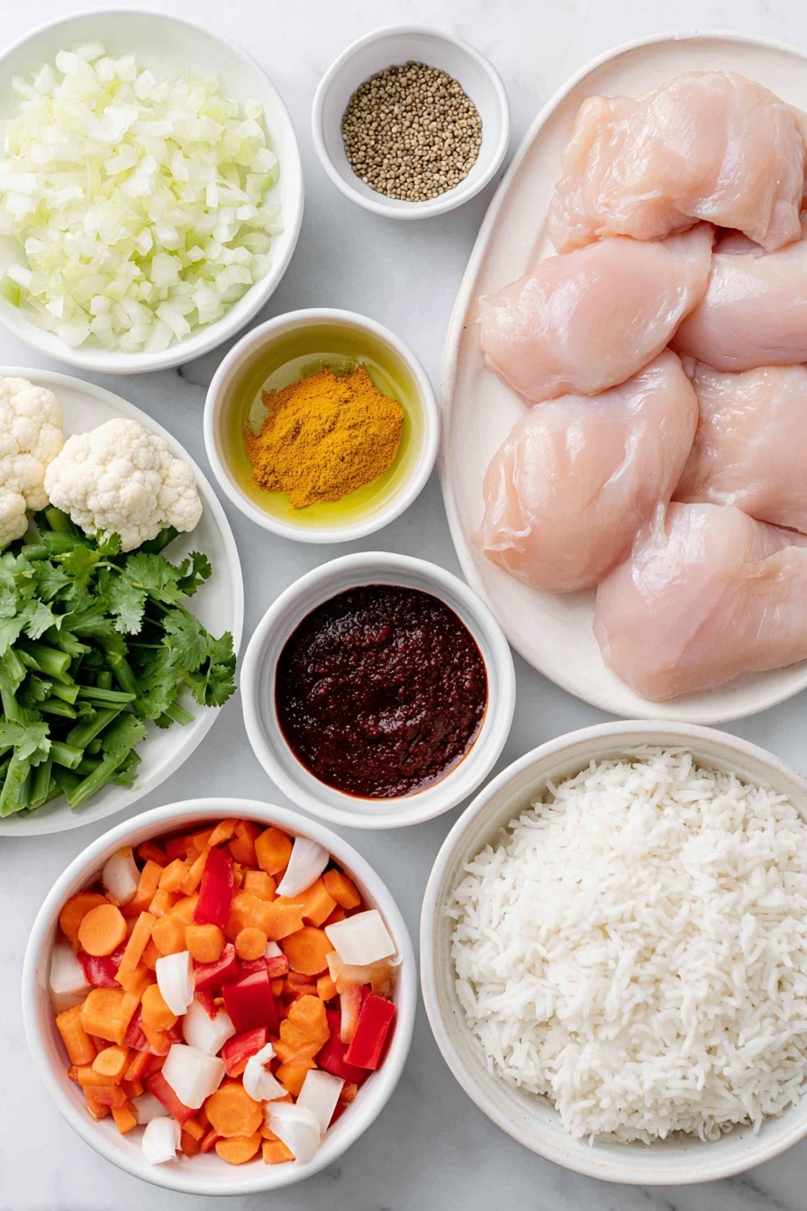 Flat lay of a few boneless skinless chicken breasts, a small drizzle of golden olive oil pooled in a white ceramic bowl, a teaspoon of whole cumin seeds scattered neatly, a large yellow onion chopped finely in a simple white bowl, two cloves of fresh garlic peeled and whole, a small mound of freshly grated ginger root, a small white bowl filled with bright yellow curry powder, a tiny pile of vibrant red paprika powder, a dollop of thick deep red tomato paste on a white ceramic dish, a small white bowl with creamy full-fat coconut milk, another white bowl holding clear golden chicken broth, an assortment of fresh diced vegetables including orange carrots, red bell peppers, pale green cauliflower florets, and green beans arranged harmoniously, a small bunch of fresh green cilantro sprigs, and a neat pile of fluffy cooked basmati rice on a plain white ceramic plate, all arranged with perfect symmetry and balanced proportions placed on a clean white marble surface, soft natural light, photo taken with an iPhone, professional food photography style, fresh ingredients, white ceramic bowls, no bottles, no duplicates, no utensils, no packaging --ar 2:3 --v 7 --p awthu7i m7354615311229779997