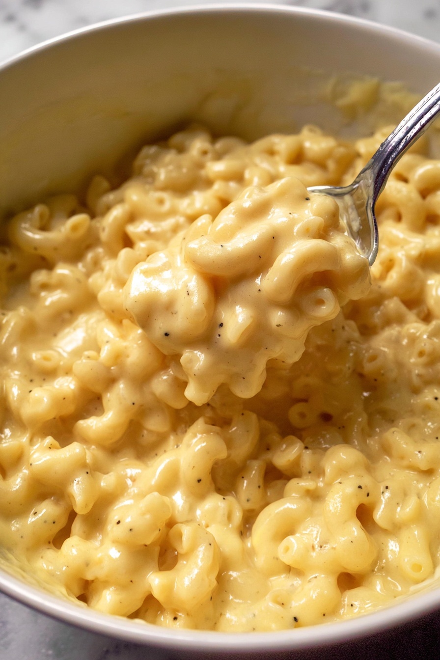 A close-up image of creamy macaroni and cheese with elbow-shaped pasta covered in a thick, smooth, pale yellow cheese sauce. The cheese sauce looks shiny and rich, coating every pasta piece evenly. In the foreground, a spoon full of the mac and cheese is lifted above the pot, showing the dense and creamy texture. The background is filled with more macaroni and cheese, slightly blurred to keep the focus on the spoon. The whole scene is set against a white marbled texture. photo taken with an iphone --ar 2:3 --v 7