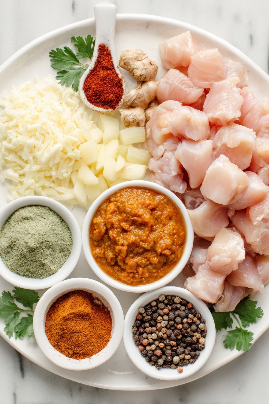 Flat lay of fresh raw chicken thighs cut into cubes, a small bright yellow onion whole and unpeeled, a small pile of fresh peeled ginger root, several whole garlic bulbs with papery skins intact, a small heap of ground spices including cumin, turmeric, coriander, and cinnamon arranged neatly, a simple white ceramic bowl filled with smooth red tomato puree, a small white bowl holding thick creamy Greek yogurt, another white bowl containing heavy cream, a tiny white bowl with fine tapioca starch powder, a small white bowl with dried fenugreek leaves, a few fresh cilantro sprigs with vibrant green leaves, and a small white bowl of bright red cayenne powder, all ingredients fresh and natural, perfectly arranged in balanced symmetry, placed on a clean white marble surface, soft natural light, photo taken with an iPhone, professional food photography style, fresh ingredients, white ceramic bowls, no bottles, no duplicates, no utensils, no packaging --ar 2:3 --v 7 --p m7354615311229779997